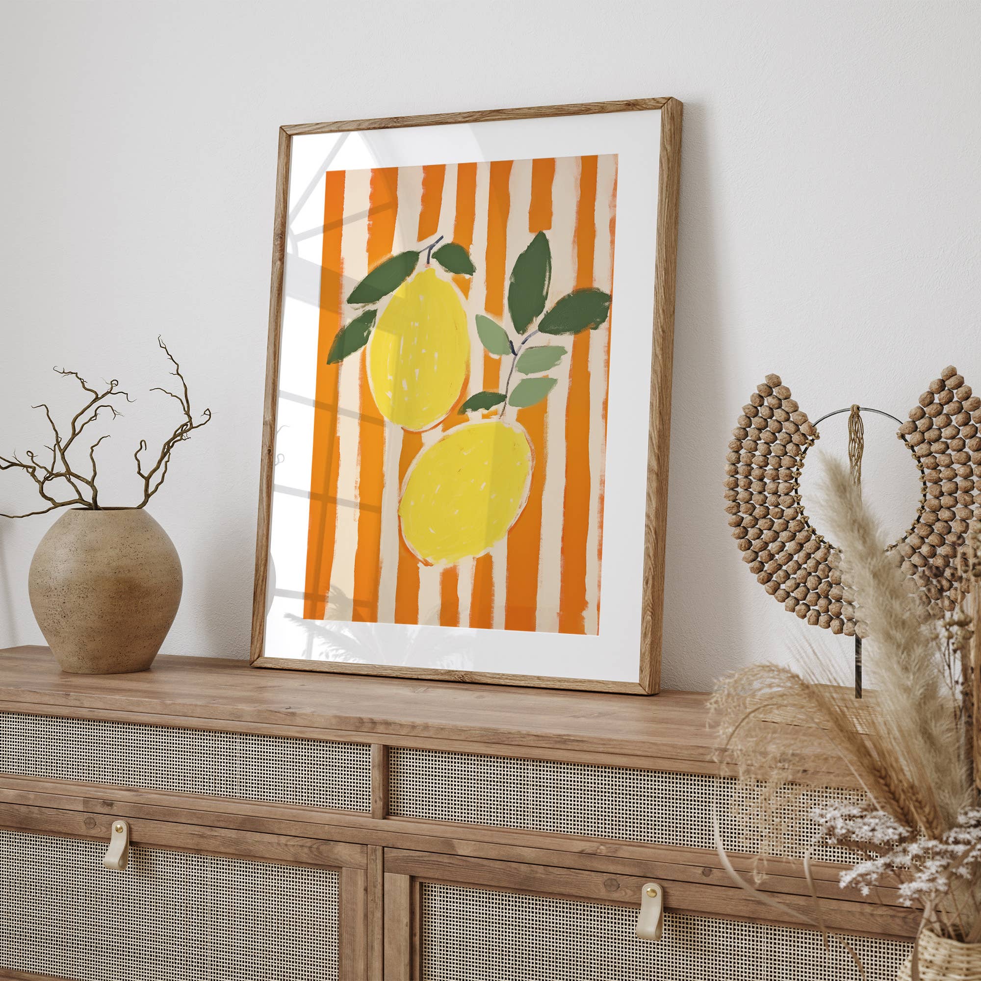 Sugar & Canvas - Wholesale Art Print - Lemons on Orange Stripes Aesthetic Art Print MA1333