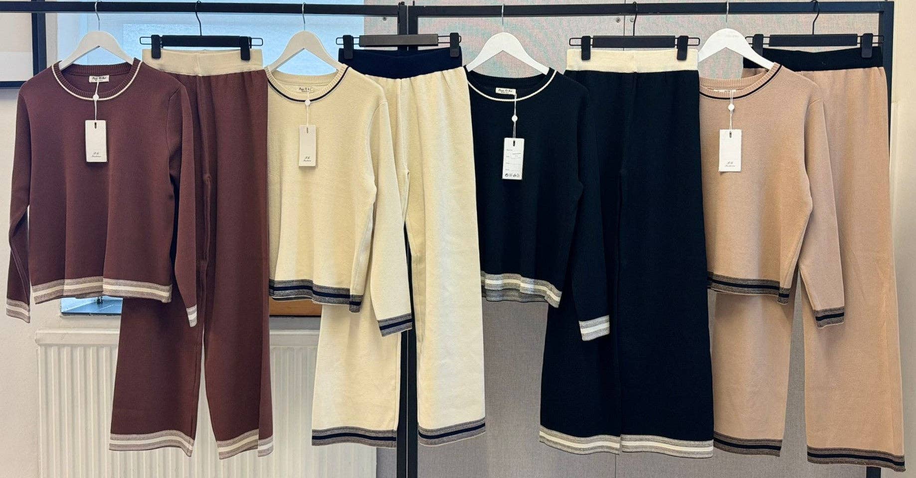 ANGELEYE – wholesale Top & pants set (NOT Loungewear) – Women's – Beige Knit Co-ords with Black Striped Border1