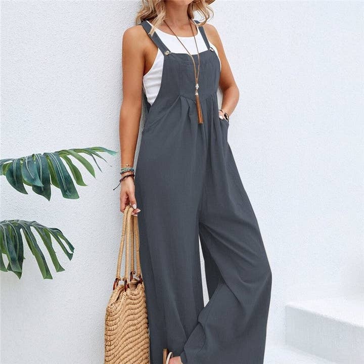 Plush Looks - Wholesale Overalls - Women's - Solid Color Casual Suspender Trousers