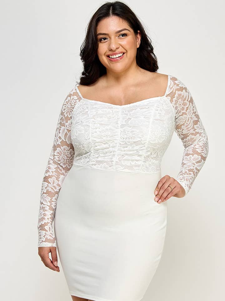 Plus Size Ruched Lace Bodycon Dress for wholesale by Haute Fox Plus Size & Contemporary