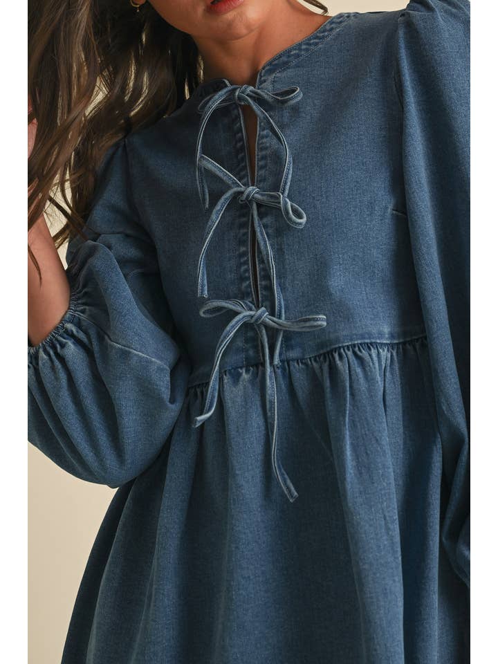 MIDIUM WASH Denim Bow Mini Dress for wholesale on Faire