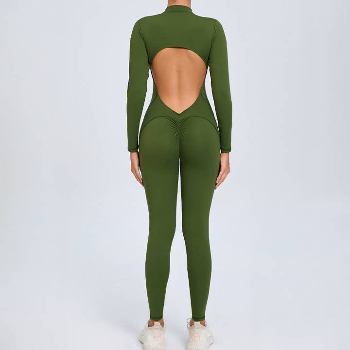 WONDERXFANS - Wholesale Unitard - Women's - backless half zipper long sleeve yoga legging jumpsuit5