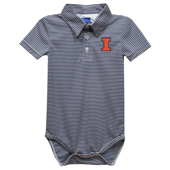 Illinois Fighting Illini Embroidered Navy Stripe Polo Onesie for wholesale by Vive La Fete