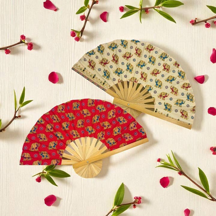 Elephant Fabric Wooden Folding Fan - Assorted for wholesale by Earths Elements Wholesale