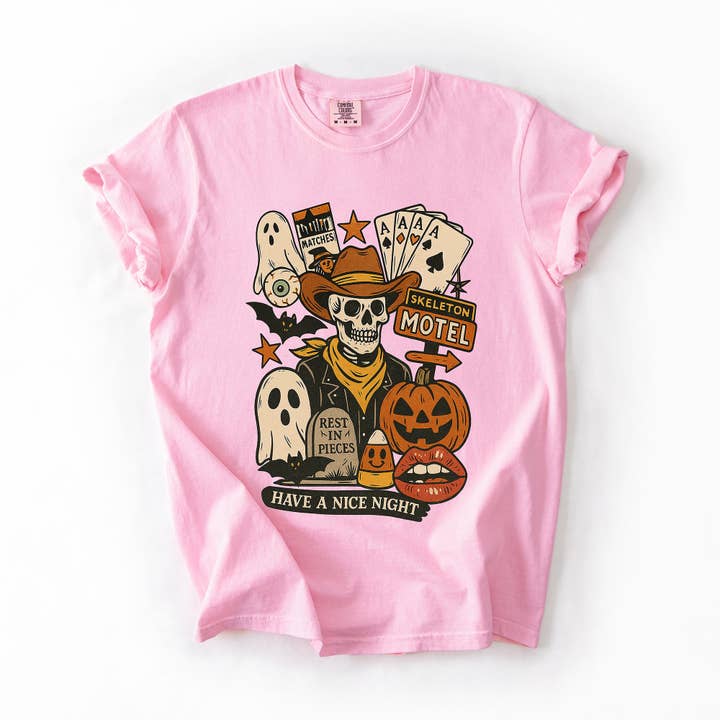 Refinery Number One LLC - Vente T-shirt à imprimés – unisexe - T-shirt rétro squelette motel, classique, vintage Halloween5