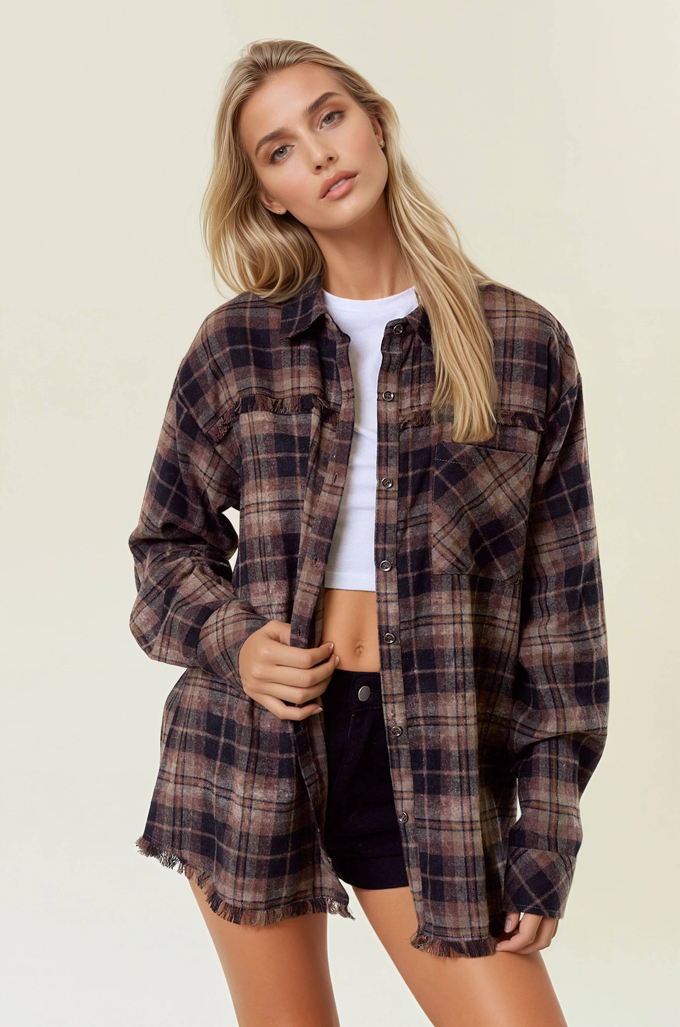 Doe and Rae - Wholesale Button Down Shirt - Women's - Plaid Flannel Shirt W/ Frayed Detail - 44703T