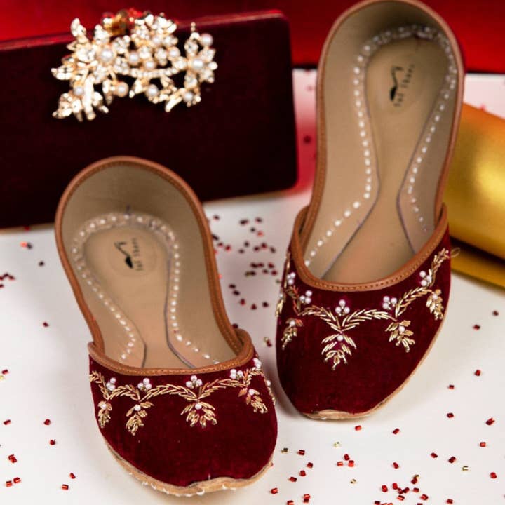 Burgendy Verge Red Embellished Ballet Flats Handcrafted Khussa Jutti Shoes for wholesale on Faire