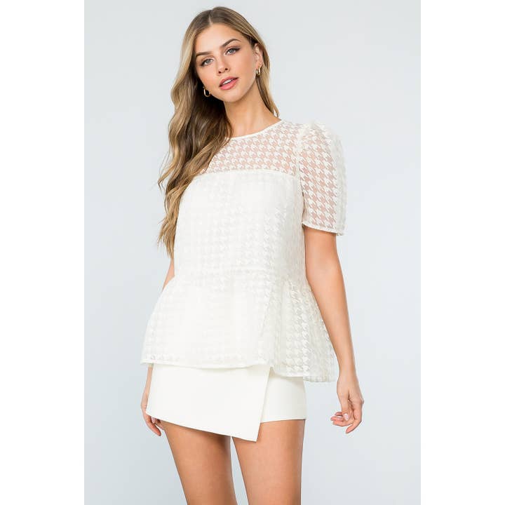 Mesh-Peplum-Top mit Puffärmeln und transparenten Details für den Großhandel von THML