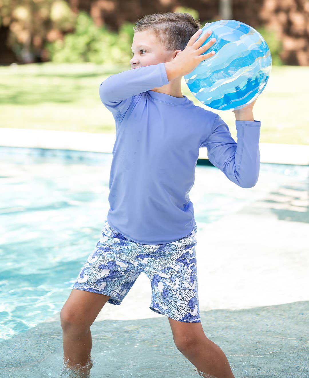 Blue Boys Ocean Camo Swim Trunks for wholesale on Faire5