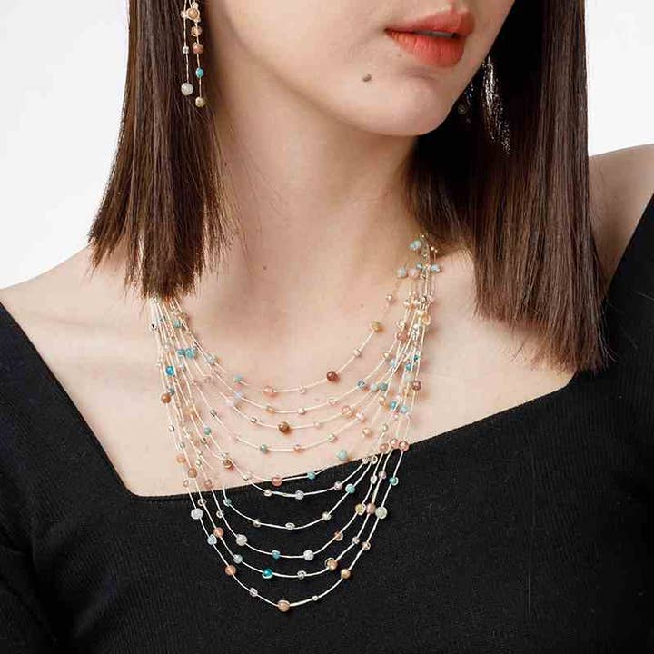 Marquet - Vente Collier de perles - Collier multibrins Reena en soie et perles - Pierre et cristal10