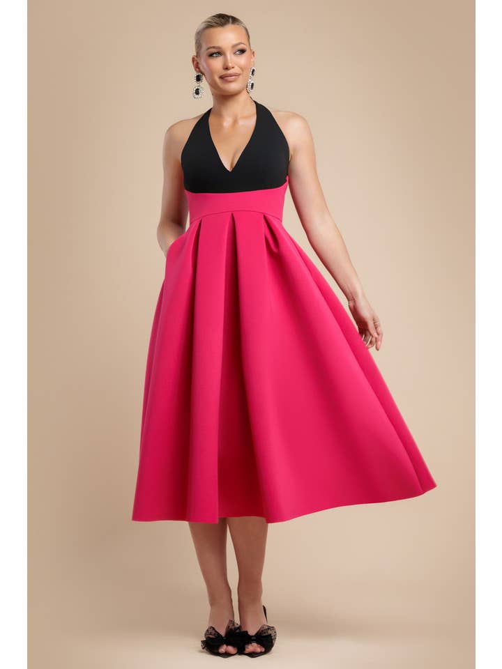 Goddiva - Wholesale Dress - Women's - Goddiva Contrast Halter Neck Pleated A-Line Midaxi DR4630