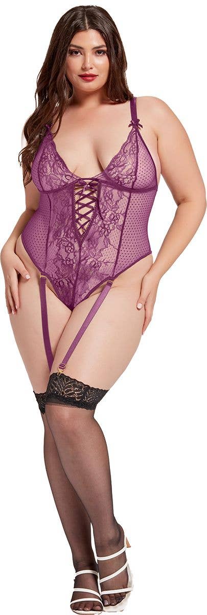 Lingerie Mart – wholesale Lingerie bodysuit – Women's – Seven til Midnight Lace And Dot Mesh High Cut Leg Teddy2