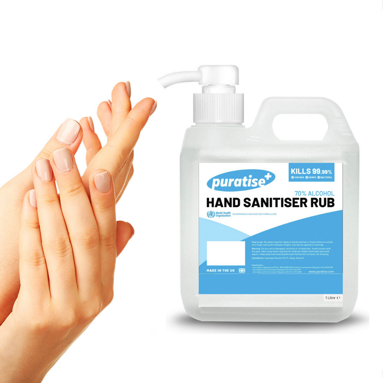 My Wholesale Warehouse – wholesale Hand sanitiser – Puratise 1 Litre Hand Sanitiser Rub with Pump to fit 38mm Neck1