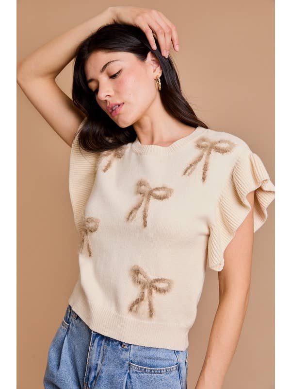 GILLI - Wholesale Knit Top - Women's - Round Neck Ruffle Sleeve Bows Knit Top