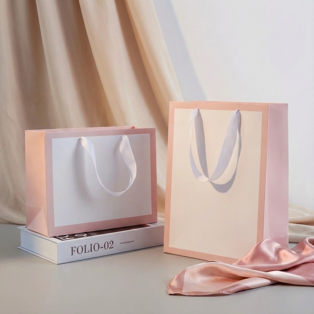 ByHome - Vendita all'ingrosso Buste regalo - 24 pezzi, Borsa regalo bianca con soffietto e bordo rosa pastello con carta velina5