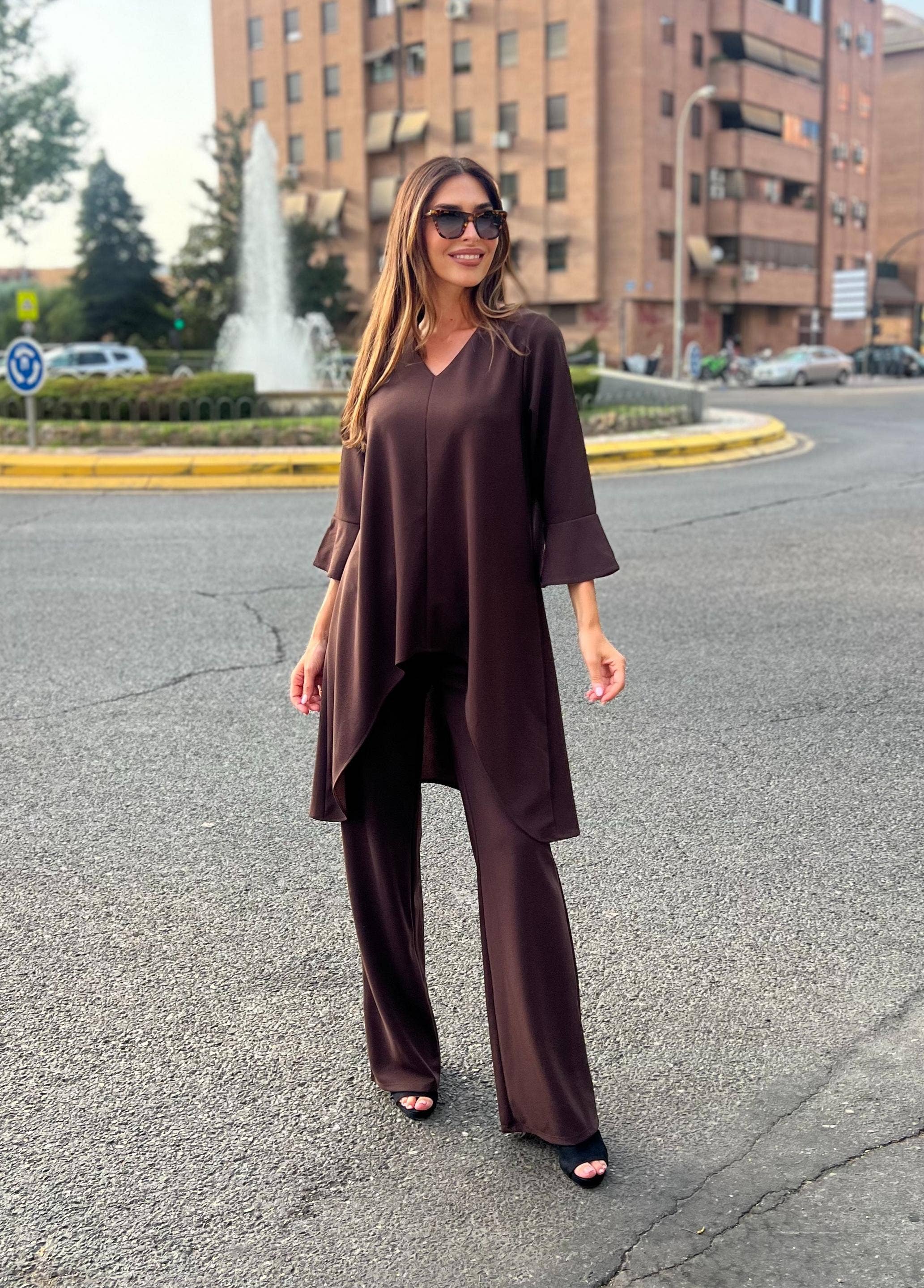 Julie d orleac - Wholesale Top & Pant Set (NOT Loungewear) - Women's - Long tunic and pants set in chocolate brown neocrepe1