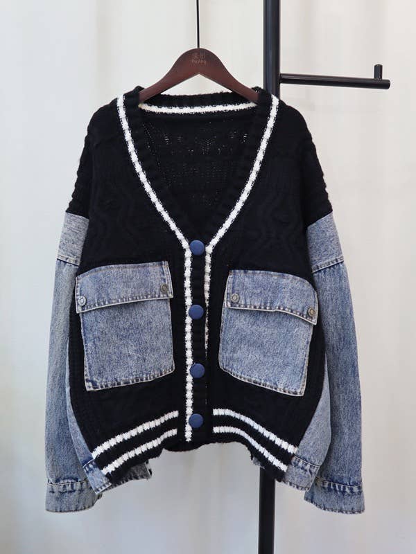 Productseeker - Wholesale Cardigan - Women's - JP26 2025 Autumn Denim Patchwork Knit Cardigan Jacket11
