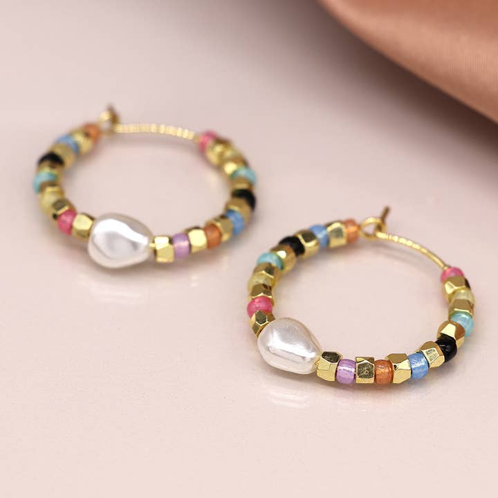 Multicolour Glass Bead Gold And Pearl Hoop Earrings for wholesale by Peace Of Mind
