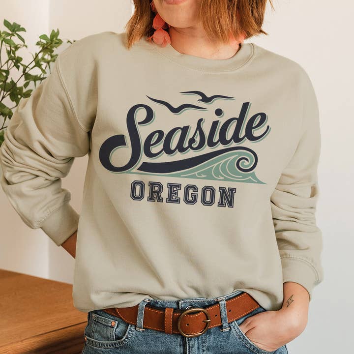 WhiteWolfeDesign - Wholesale Graphic Sweatshirt - Women's - Seaside Oregon Crewneck Sweatshirt
