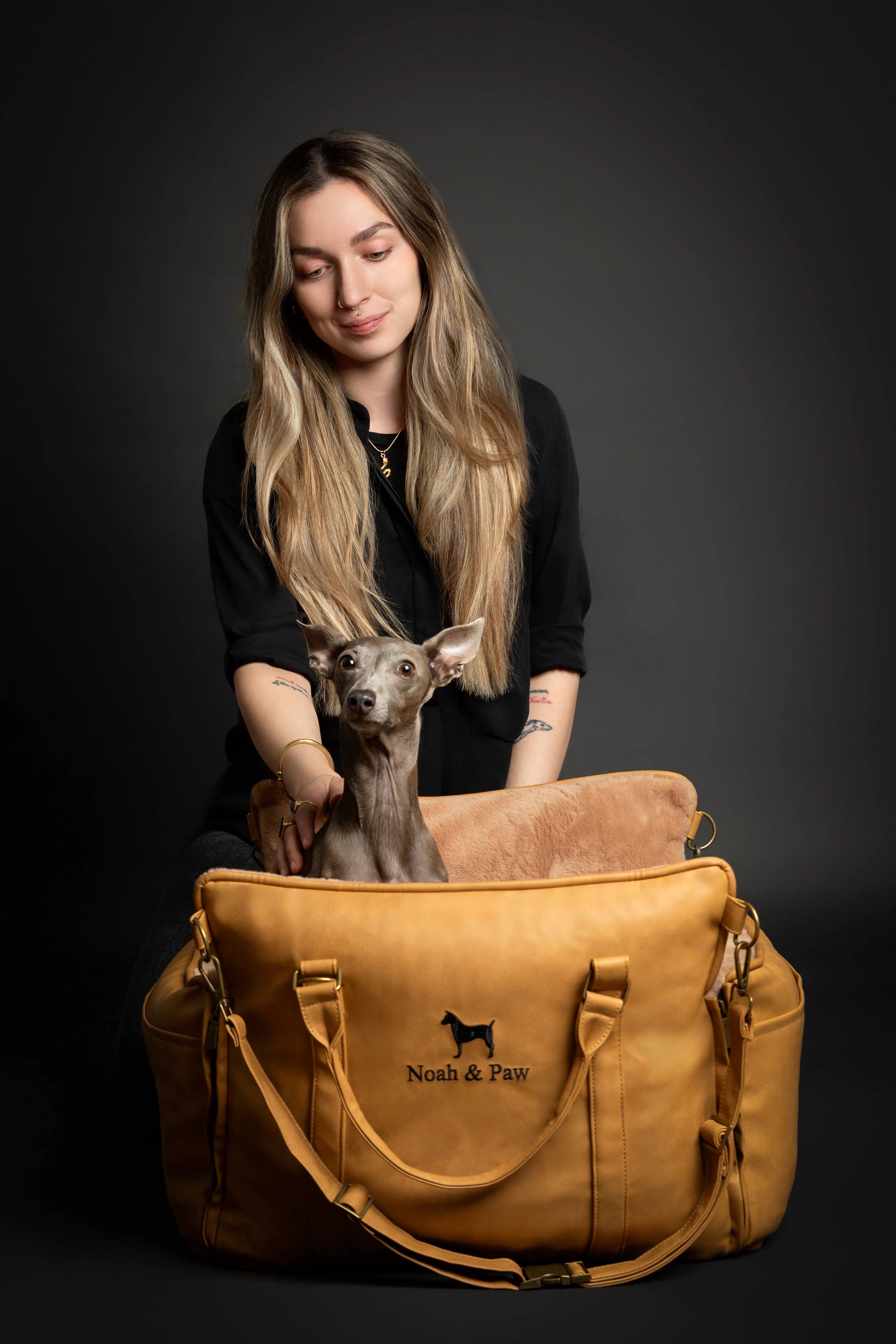 NOAH AND PAW LLC – wholesale Pet carrier – Cat/dog – Dog Car Seat Carrier Orthopedic Crushed Foam, Camel, Vegan Leather7