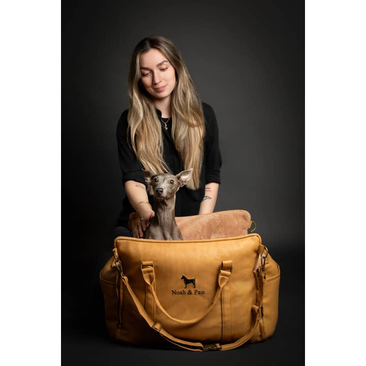 NOAH AND PAW LLC - Wholesale Pet carrier – Cat/dog - Dog Car Seat Carrier Orthopedic Crushed Foam, Camel, Vegan Leather7