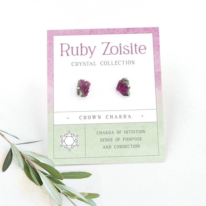 Ruby Zoisite Raw Gemstone Stud Earrings Watermelon Crystal for wholesale by Delezhen