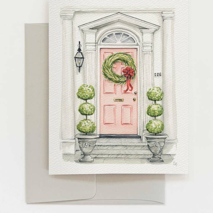 Texture Design Co - Wholesale Season's Greetings Card - Front Door Greeting Card - The Pink Holiday Door0
