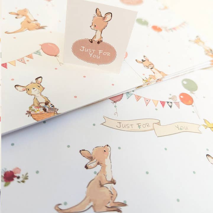 8 Gift Wrapping Paper & 10 Gift tags Cute Animals Kangaroos for wholesale by Gifting Studio Ltd