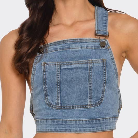 Top corto de peto vaquero elástico con bolsillos para venta al por mayor de D.ROCK