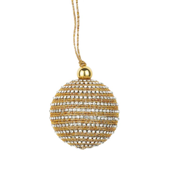 A80582: Gold cord,clear glass jewels on metal ball orn,2in for wholesale by Silver Tree Home & Holiday