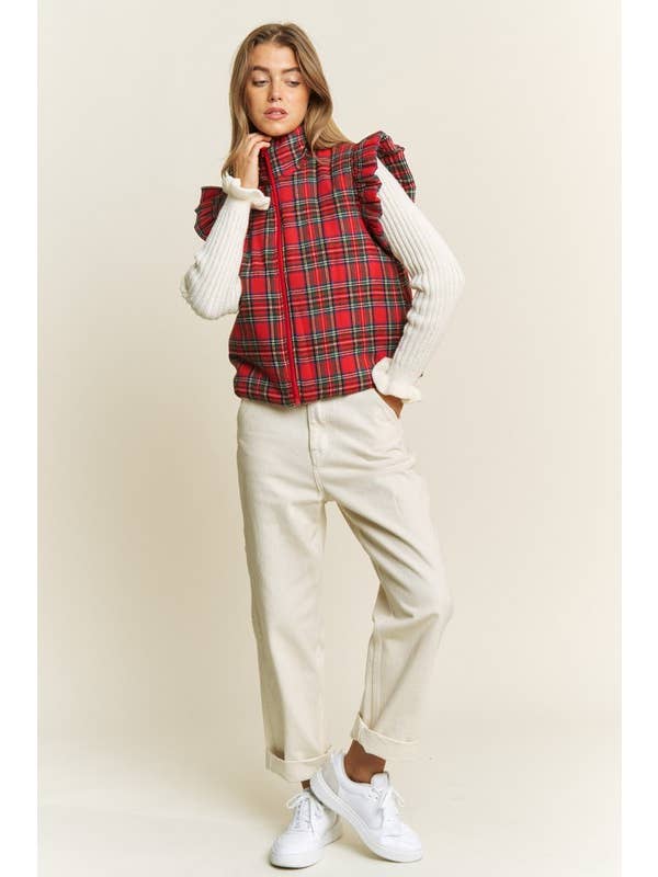 RED EVERYDAY PLAID PUFF ZIP UP VEST JACKET with ARMHOL for wholesale on Faire9