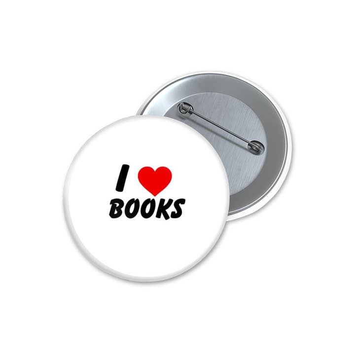 I Love Books Pinback Button for wholesale by Figgy Digital