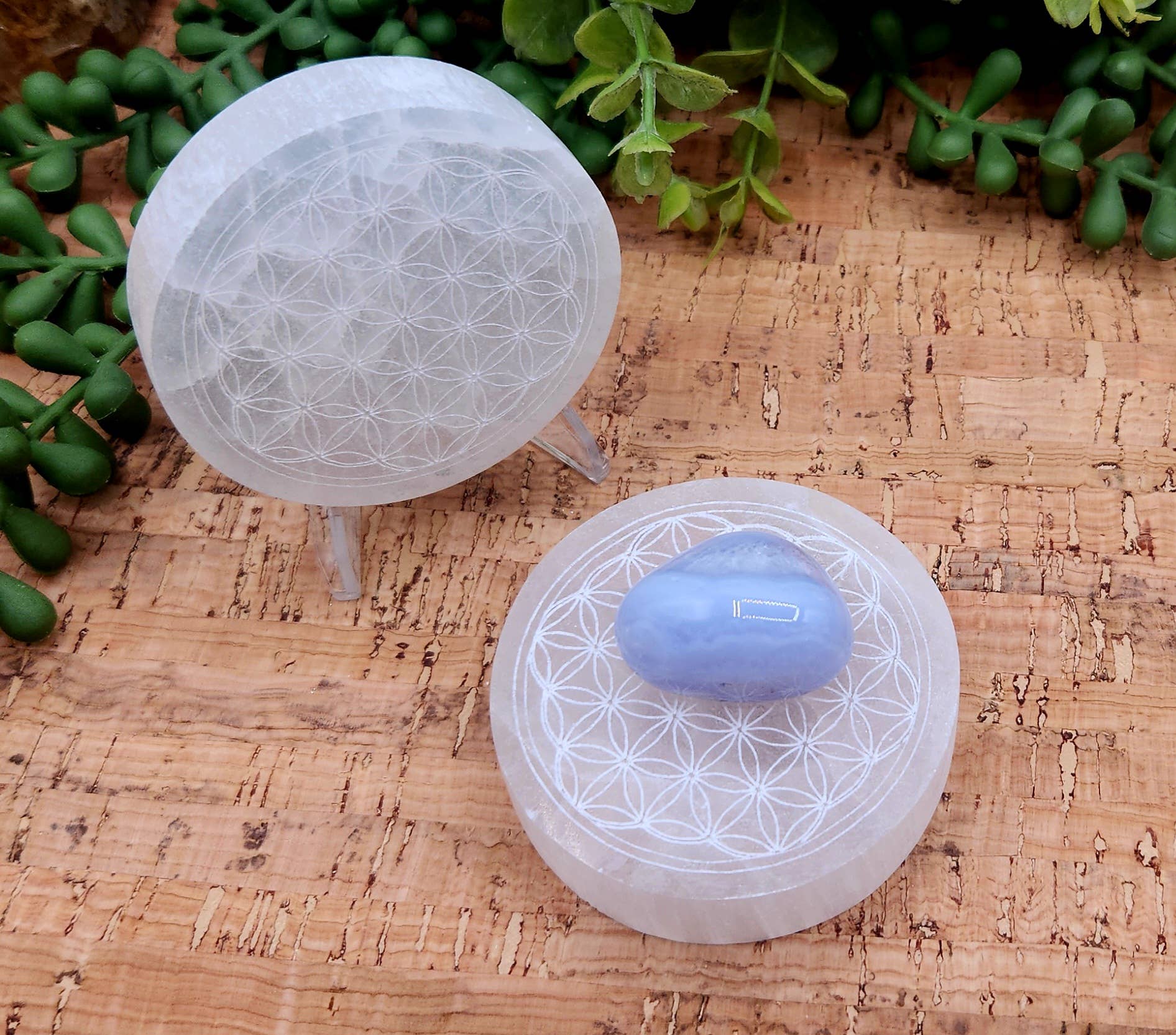 Meraki Gemstones - Wholesale Spiritual Stone/Crystal - Selenite Charging Plate/Coaster Round - Flower of Life 6-7cm9