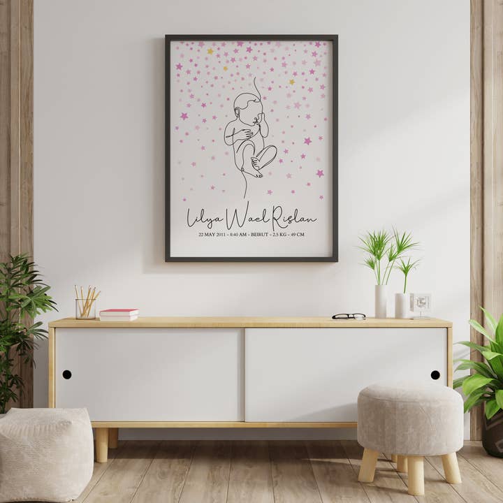 Pink Stars Birth Poster in Scale 1 to 1 for wholesale by Twinkle and Giraffe Designs