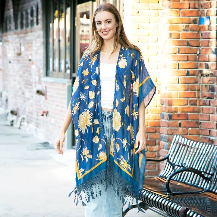 Floral Printed Cover Up Kimono Poncho With Tassels for wholesale by Sensibling Corp.