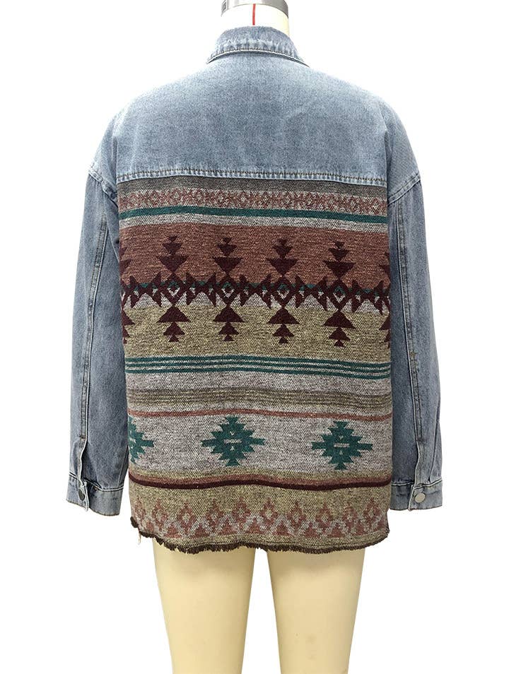 Rosa Clothing - Wholesale Denim Jacket - Women's - Vintage Ethnic AZTEC patchwork oversized denim jacket5