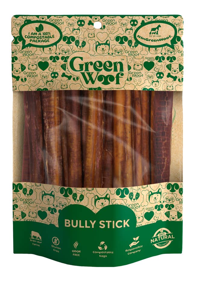 Green Woof Straight Bully Sticks for wholesale by Bones Pets Treats