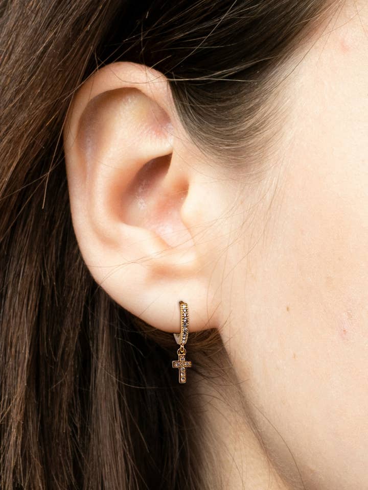 Gold Huggie Cross Earrings for wholesale by Eden Merry Jewelry by James Lawrence
