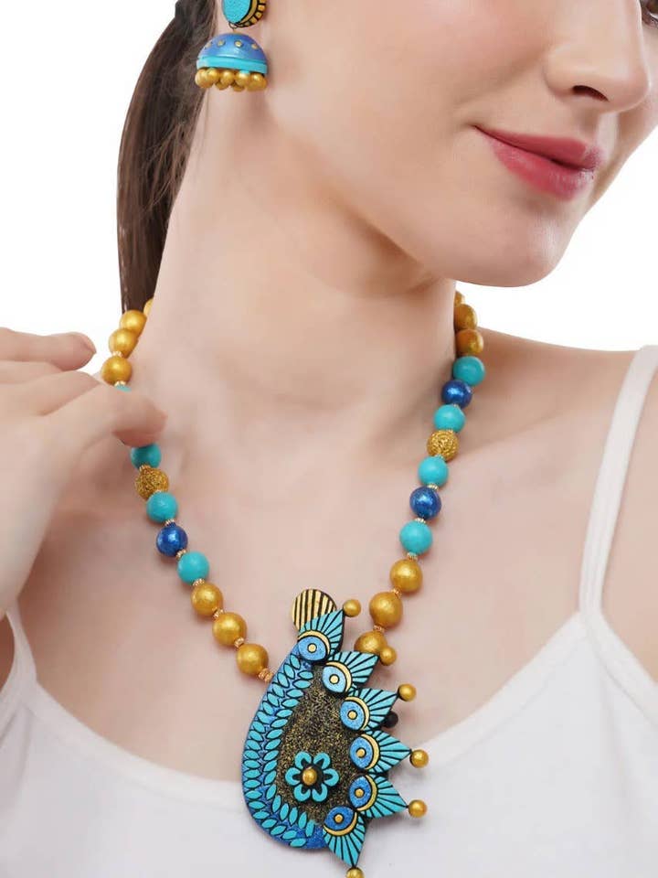 Peacock Jewelry Set | Clay Jewelry | Blue Leaf Jewelry for wholesale by Cordelia Kraft