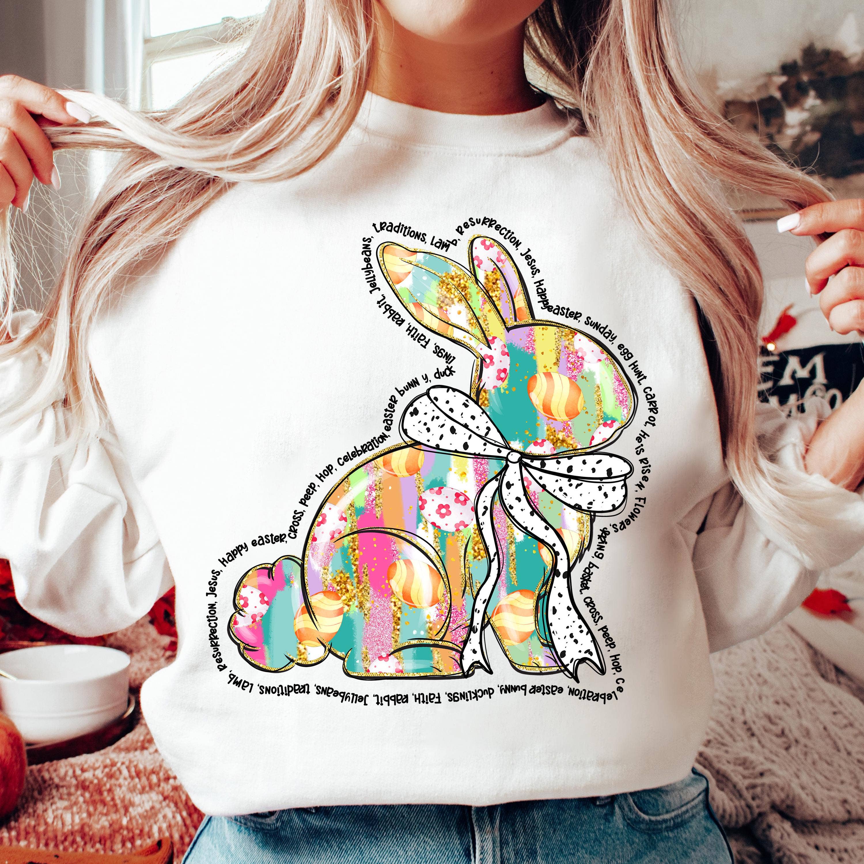 NVC Ecommerce LLC – Großhandel T-Shirt (Grafikdruck) – Damen – Osterhasen-Shirt, Frohe Ostern T-Shirt, Blumiger Frühlingspullover3