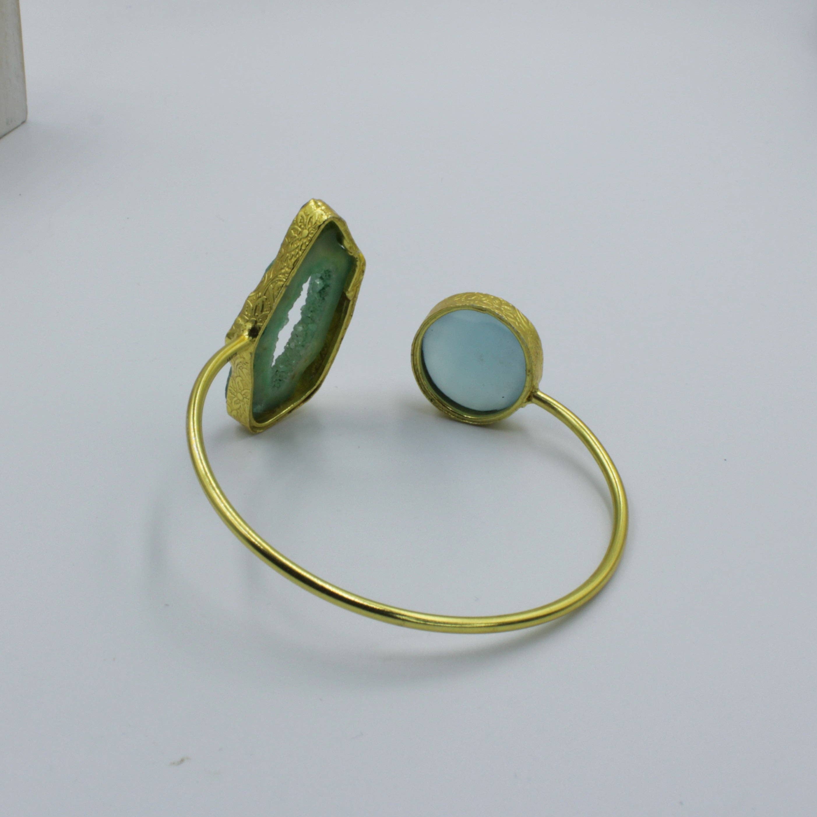 LA MAR - Wholesale Cuff Bracelet - Bracelet with 2 stones, light blue and green - chalcedony and agate quartz gold-plated1