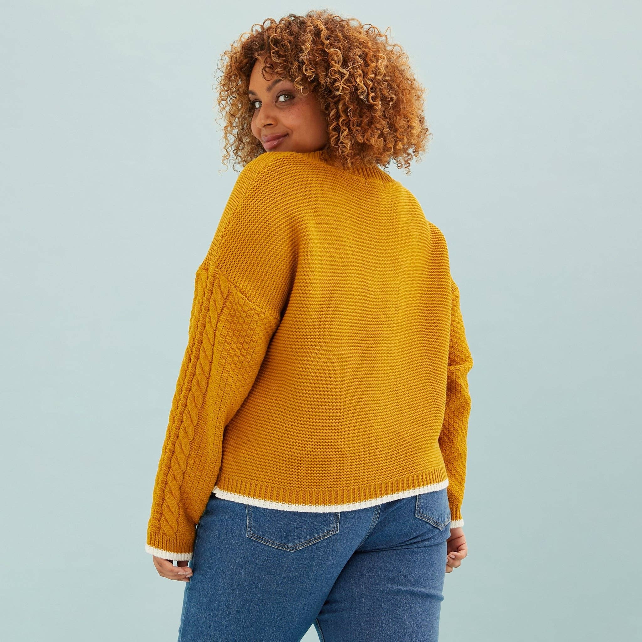 Emma V Neck Cable Jumper - Mustard for wholesale on Faire4