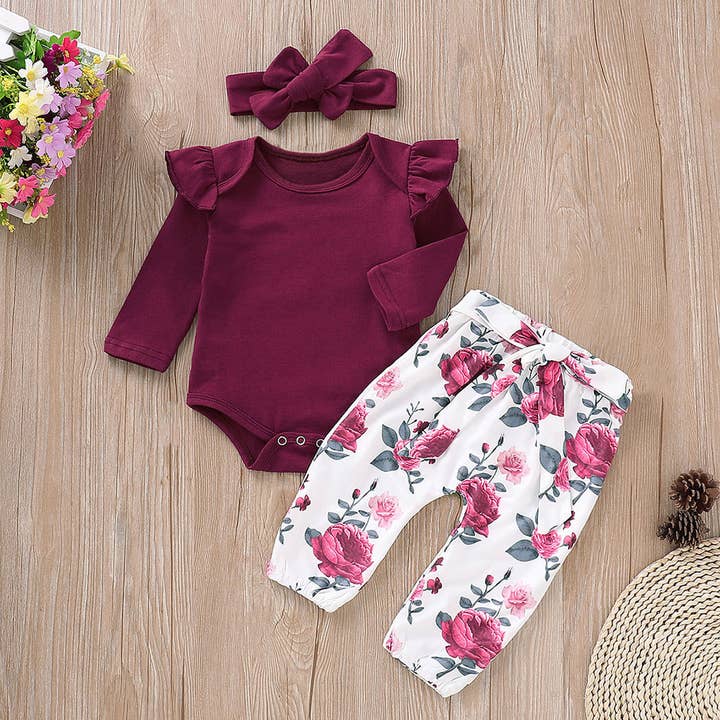 PatPat - Wholesale Clothing Set - Baby - 3-piece Crimson Romper and Floral Pants with Headband Set