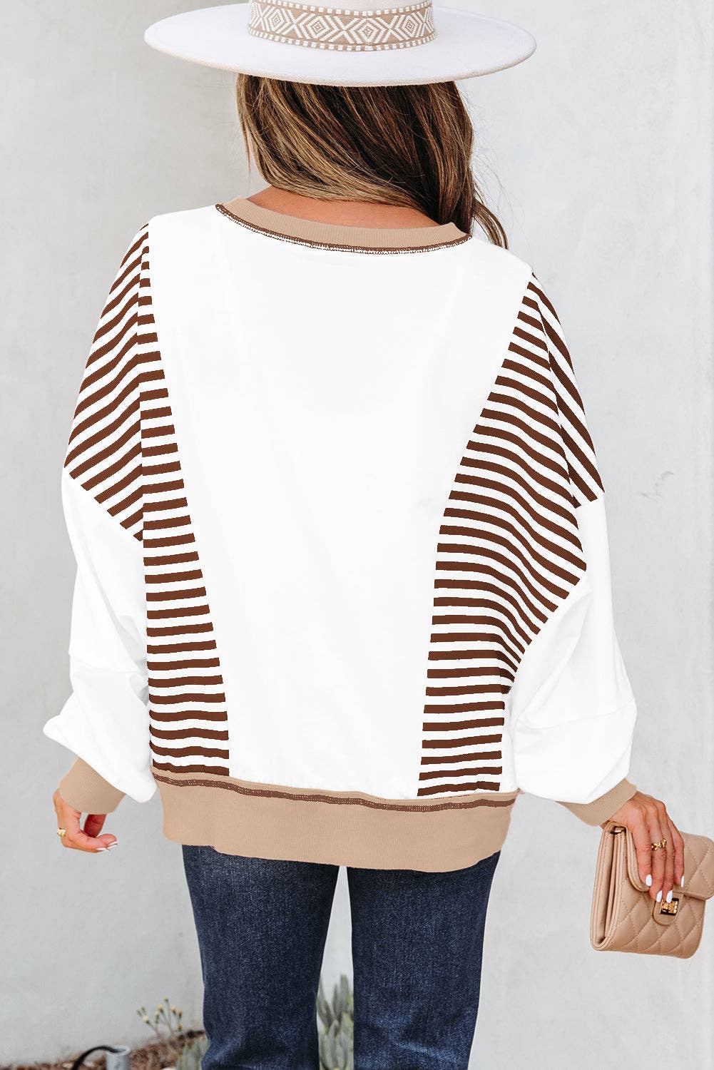 Brown Stripe Colorblock Patchwork Contrast Stitching Oversize Sweatshirt for wholesale on Faire1