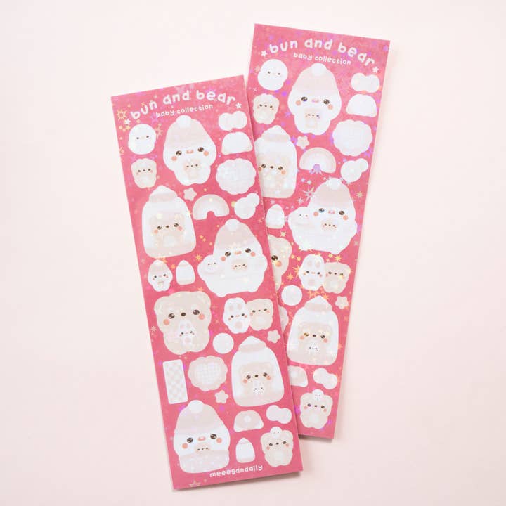 Mochi Bun & Bear Baby Holo Sticker Sheet for wholesale by Notmehmehstudio