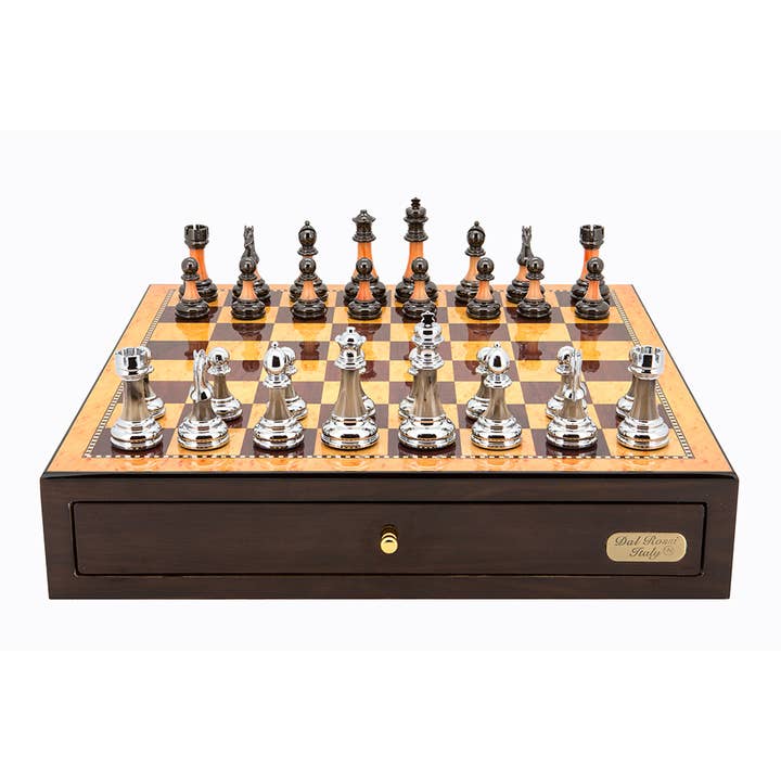Walnut Chess Box with Compartments & Staunton Chessmen for wholesale by Dal Rossi Italy