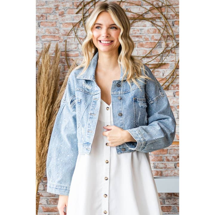 Med Wash Rhinestone Stud Cropped Puff Denim Jacket for wholesale on Faire