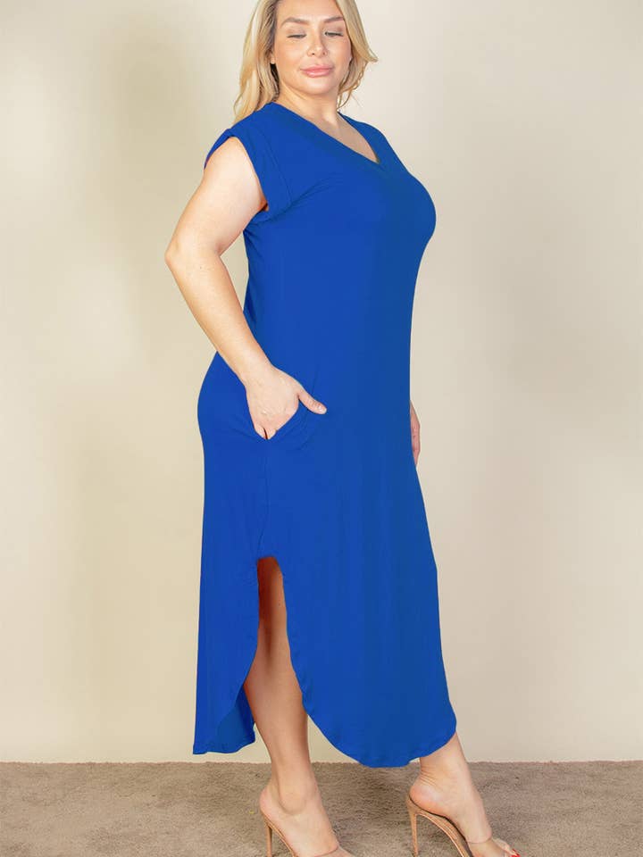 CAPELLA APPAREL - Wholesale Dress - Women's - Plus Size Hidden Pocket Batwing Sleeve V Neck Long Dress23