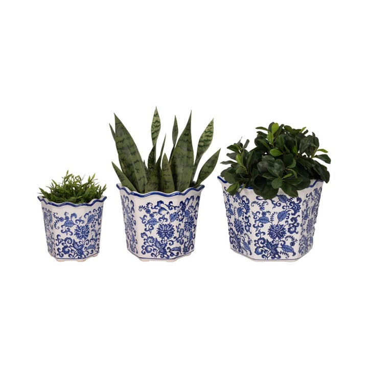 Sagebrook Home - Wholesale Plant Pot - Blue/White 8/10/12 in. Chinoiserie Dahlia Planter (Set of 3)