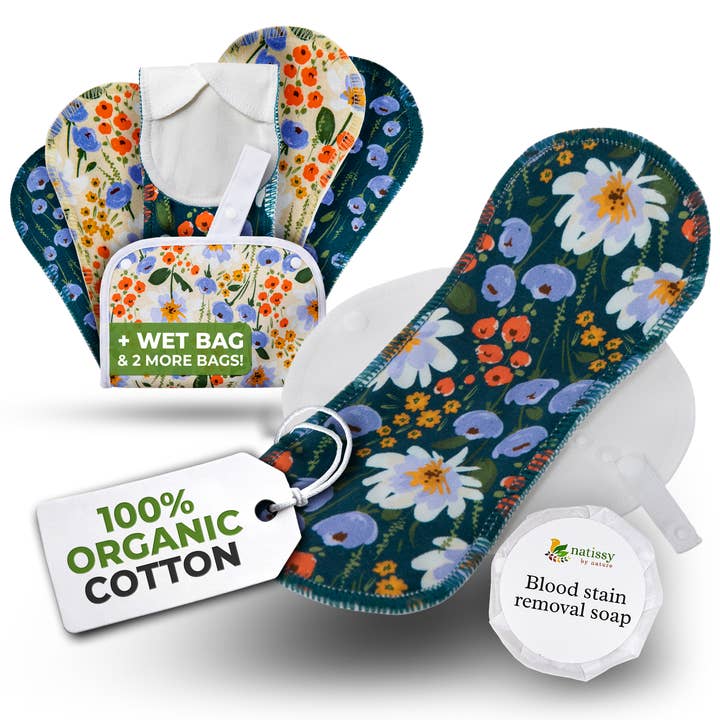 Organic Cotton EcoComfort Reusable Period Pads for Light Flow (S+M, 6-Pack) - Blue Blush for wholesale by natissy